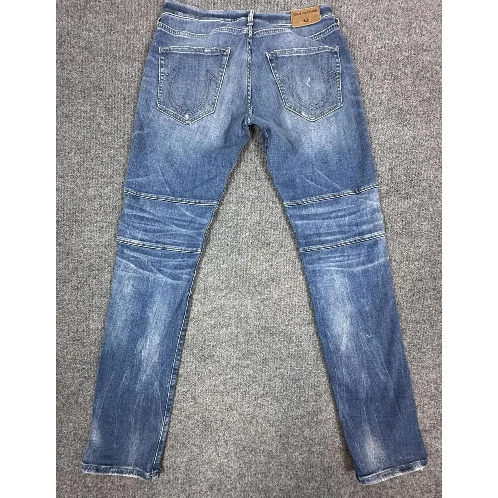 Mens TRUE RELIGION Geno Relaxed BIKER‎ Slim MOTO 30 x 31.5 Blue DISTRESSED Jeans